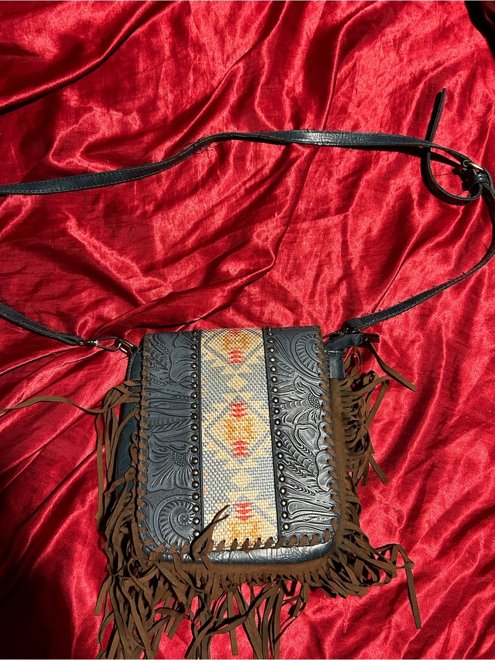 Fringed Tooled Leather Crossbody Bag with Southwestern Bead Panel - Black/Brown